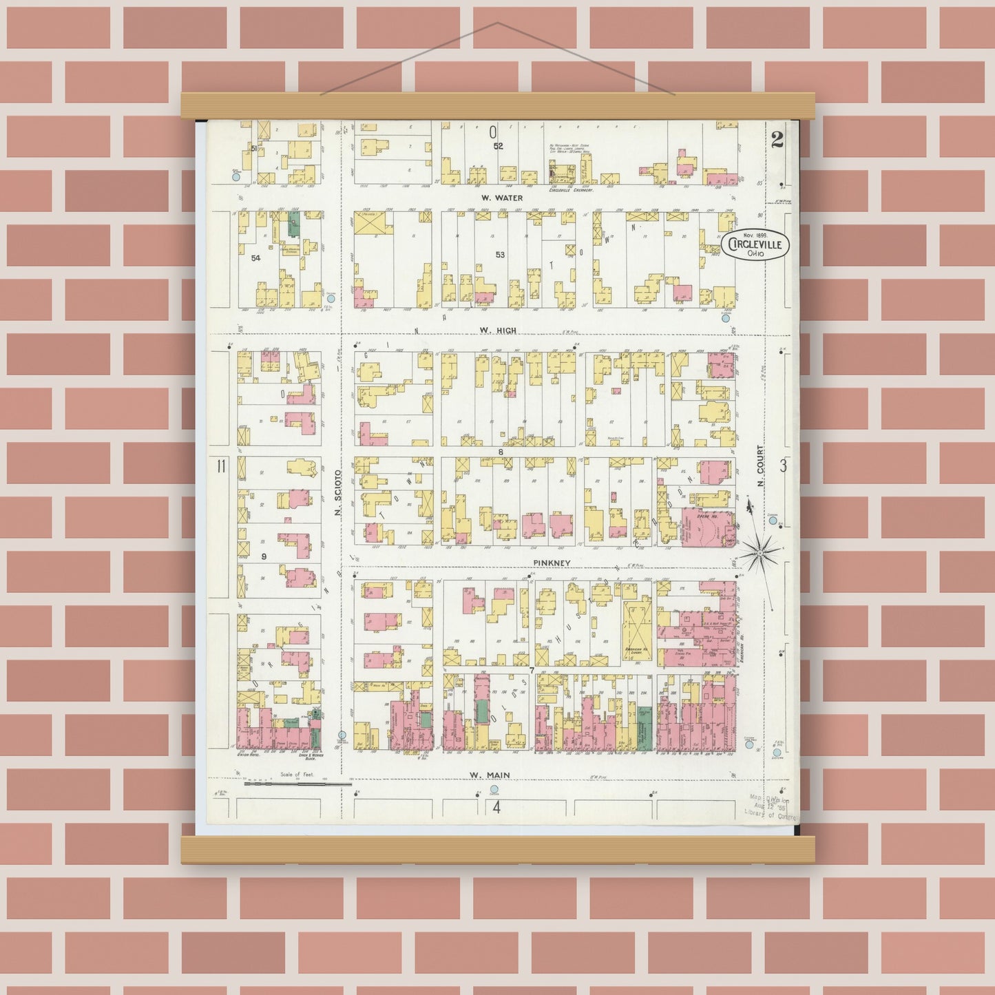 Old map wall art mockup — magnetic wood frame on brick wall — Sanborn Fire Insurance Map from Circleville, Pickaway County, Ohio (1899), Sheet #0002