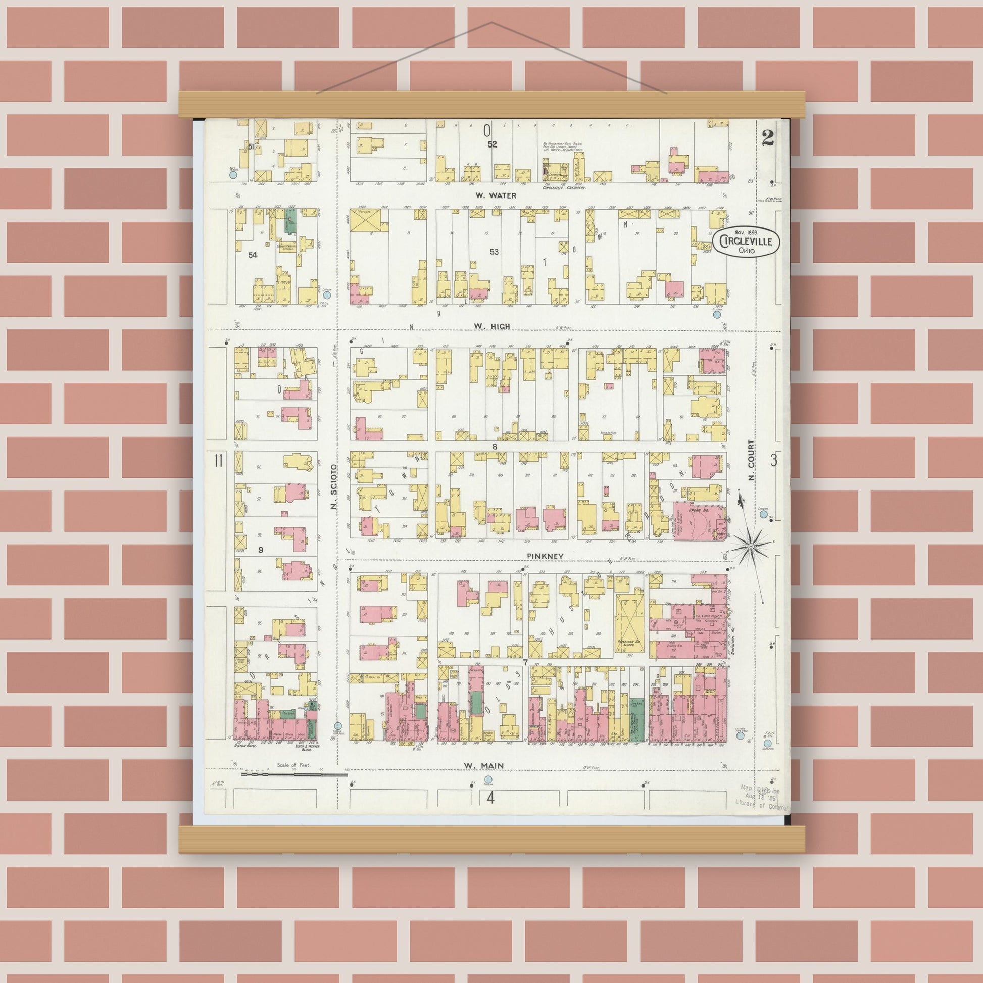 Old map wall art mockup — magnetic wood frame on brick wall — Sanborn Fire Insurance Map from Circleville, Pickaway County, Ohio (1899), Sheet #0002