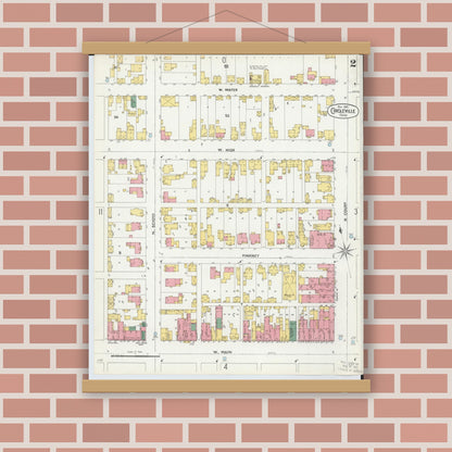 Old map wall art mockup — magnetic wood frame on brick wall — Sanborn Fire Insurance Map from Circleville, Pickaway County, Ohio (1899), Sheet #0002
