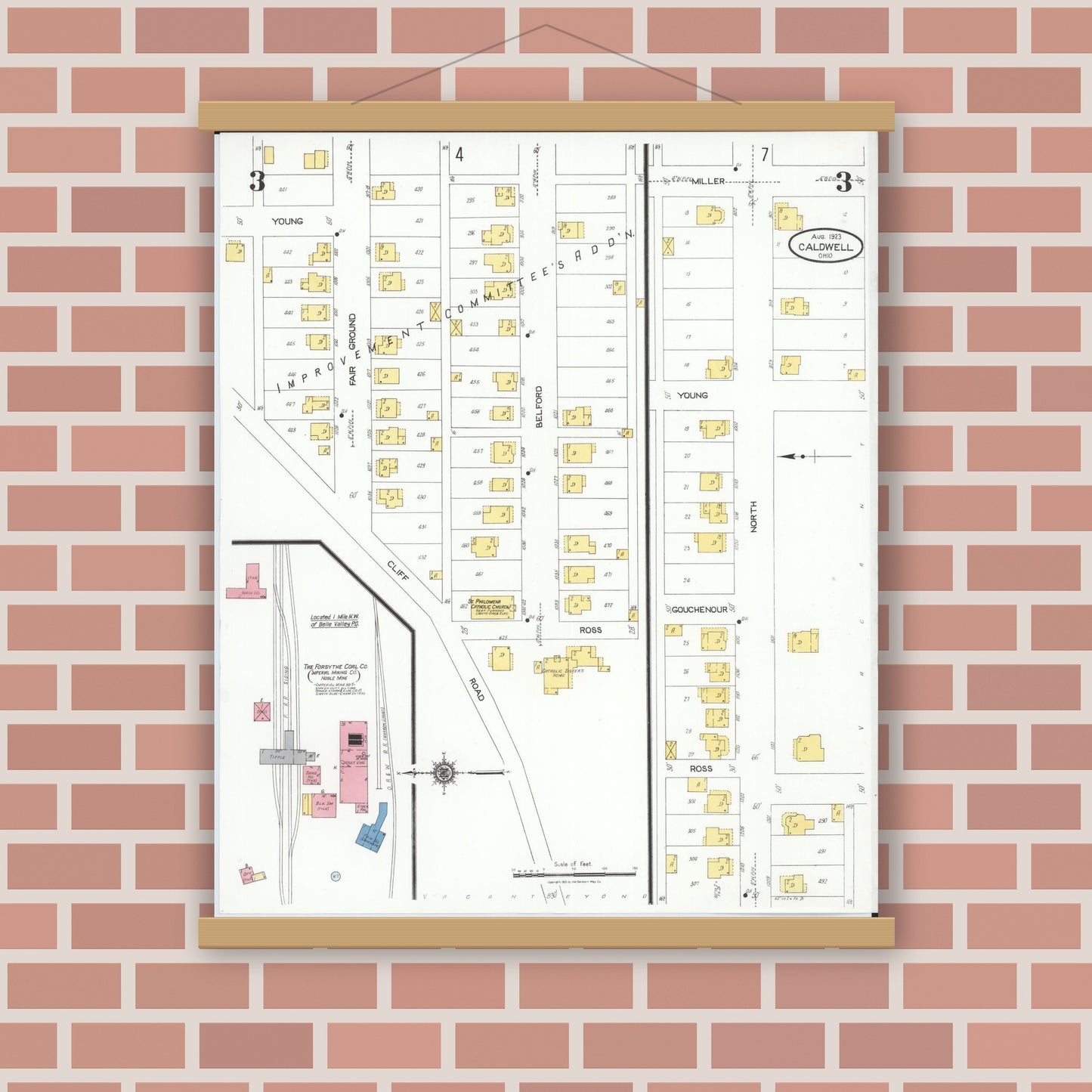 Old map wall art mockup — magnetic wood frame on brick wall — Sanborn Fire Insurance Map from Caldwell, Noble County, Ohio (1923), Sheet #0003