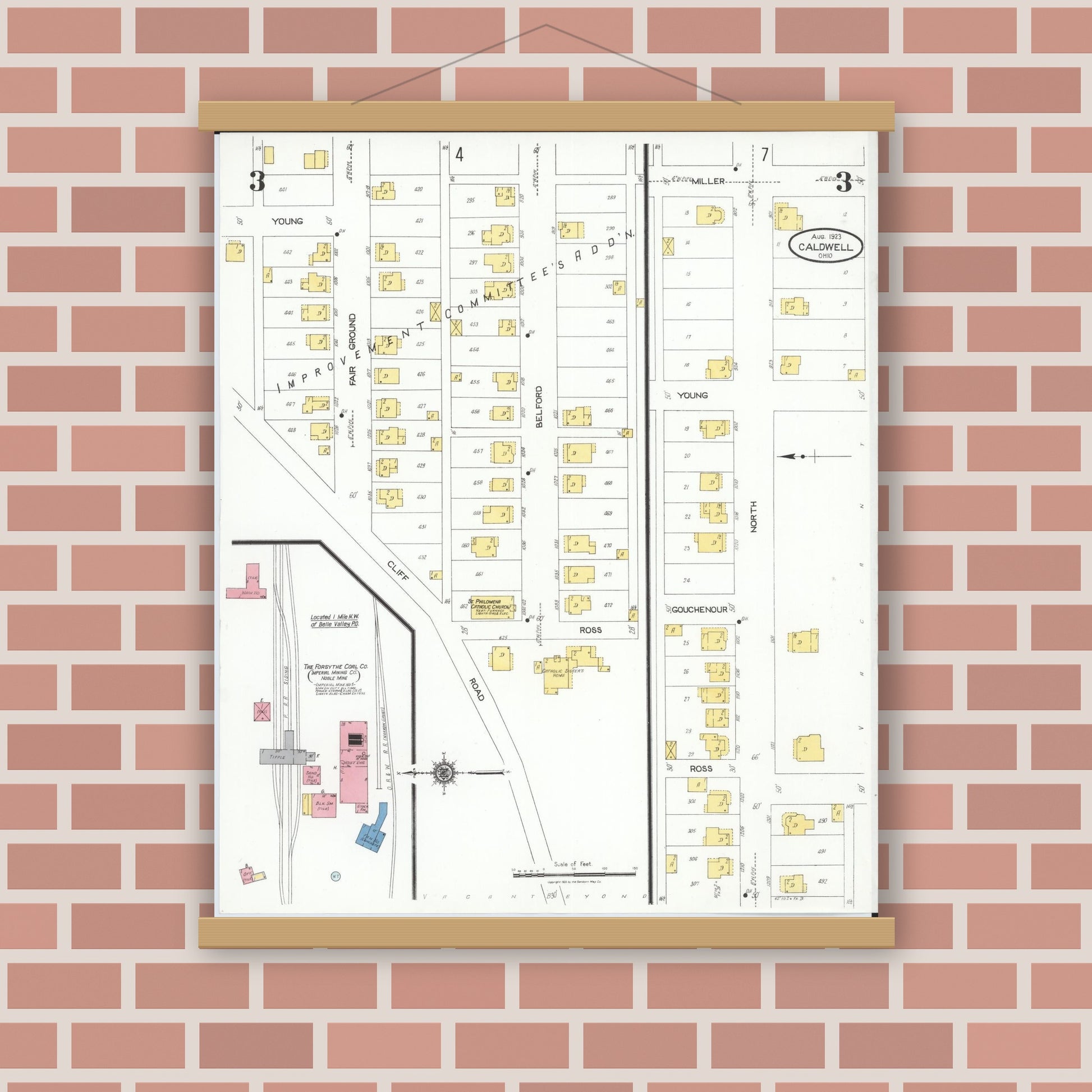 Old map wall art mockup — magnetic wood frame on brick wall — Sanborn Fire Insurance Map from Caldwell, Noble County, Ohio (1923), Sheet #0003