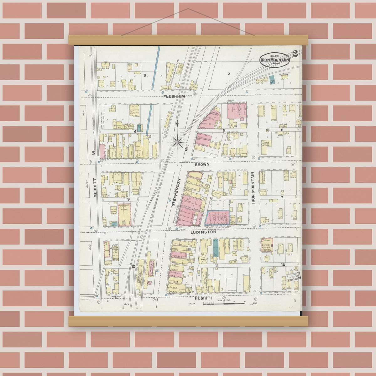 Old map wall art mockup — magnetic wood frame on brick wall — Sanborn Fire Insurance Map from Iron Mountain, Dickinson County, Michigan (1891), Sheet #0002