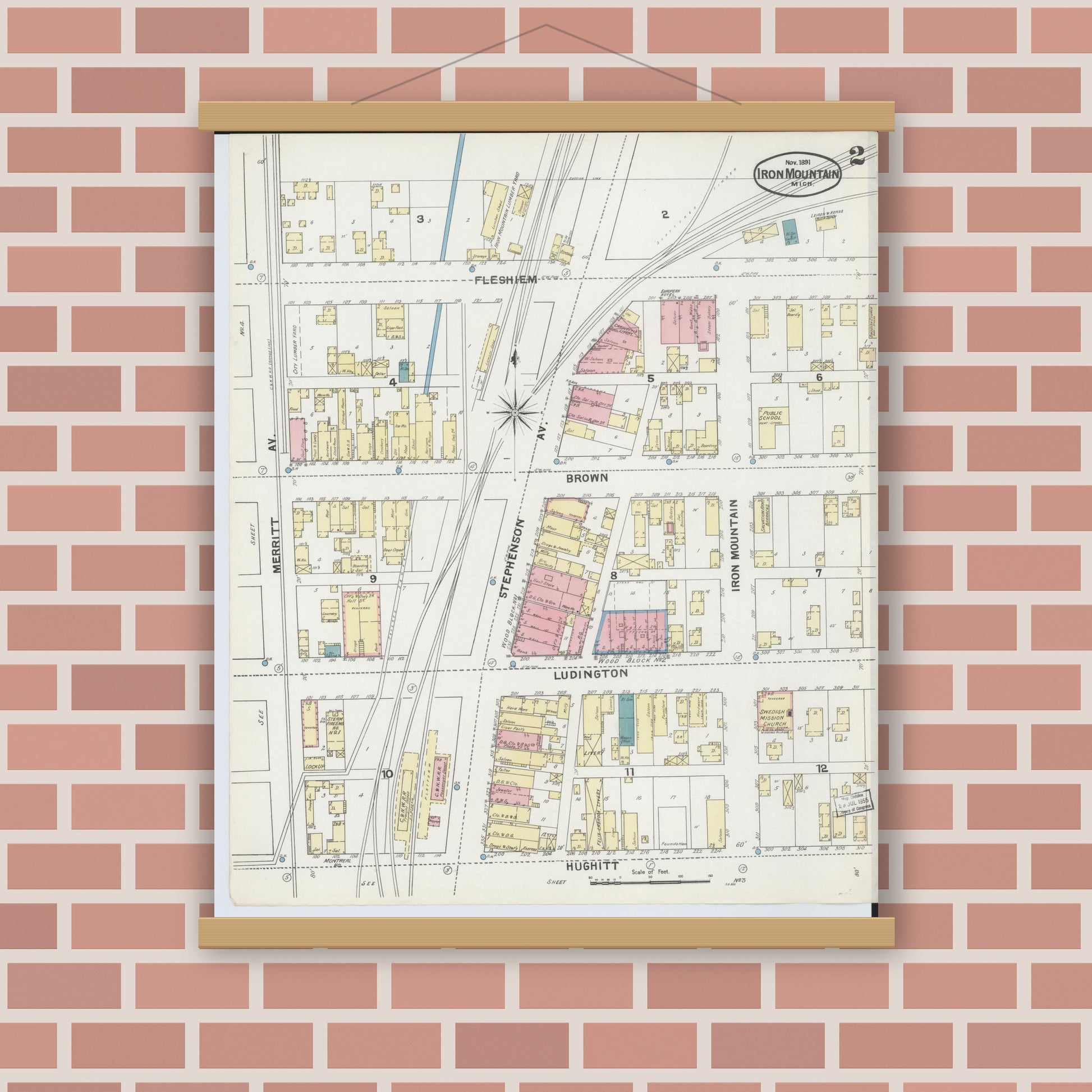 Old map wall art mockup — magnetic wood frame on brick wall — Sanborn Fire Insurance Map from Iron Mountain, Dickinson County, Michigan (1891), Sheet #0002