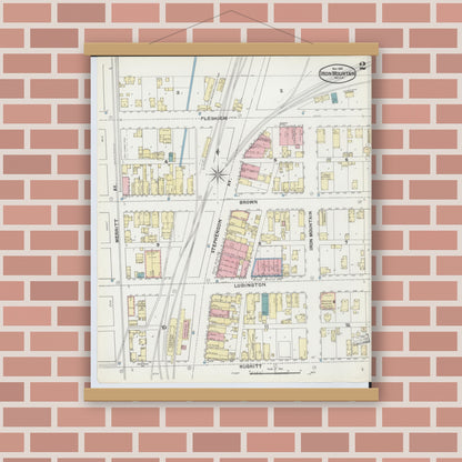 Old map wall art mockup — magnetic wood frame on brick wall — Sanborn Fire Insurance Map from Iron Mountain, Dickinson County, Michigan (1891), Sheet #0002