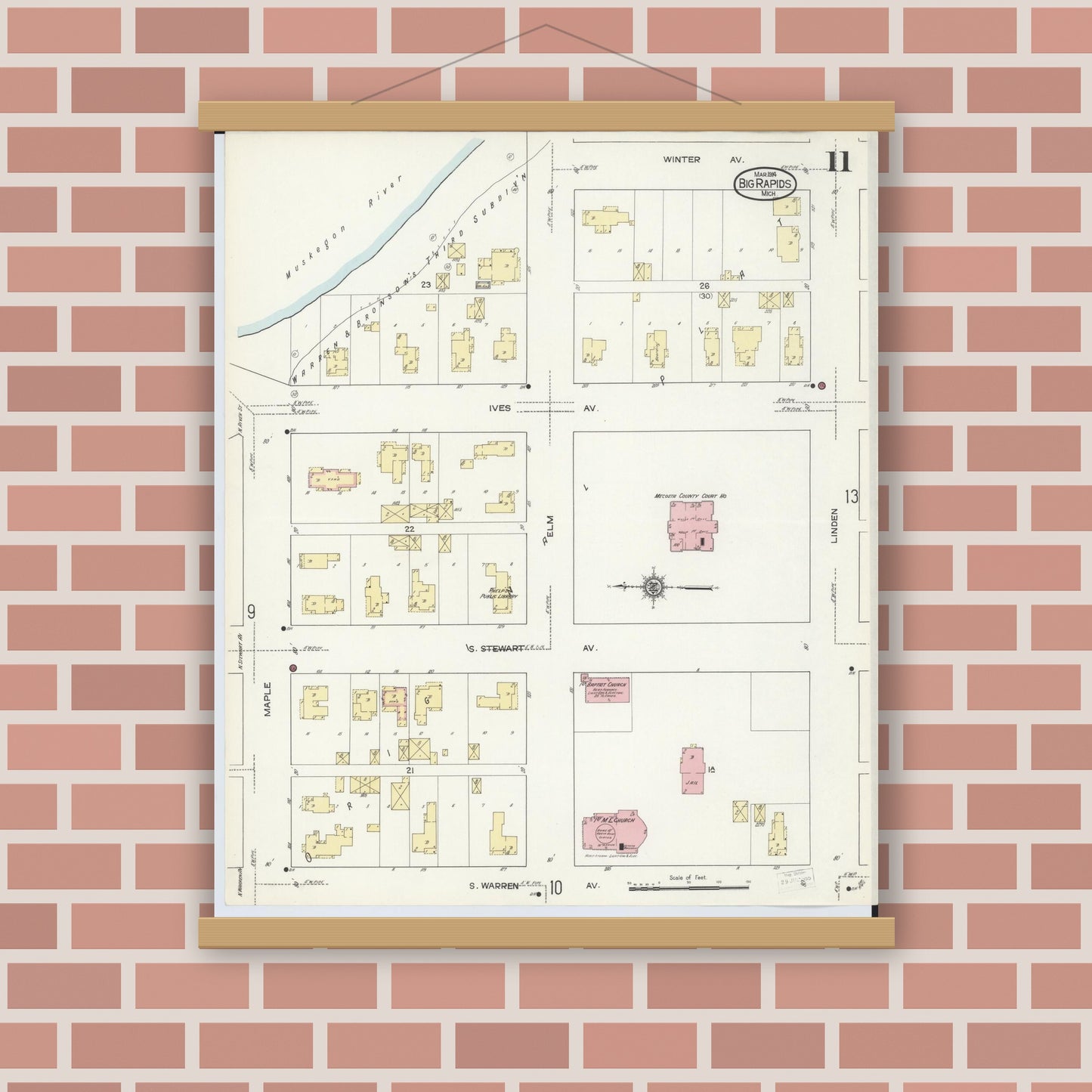 Old map wall art mockup — magnetic wood frame on brick wall — Sanborn Fire Insurance Map from Big Rapids, Mecosta County, Michigan (1914), Sheet #0011