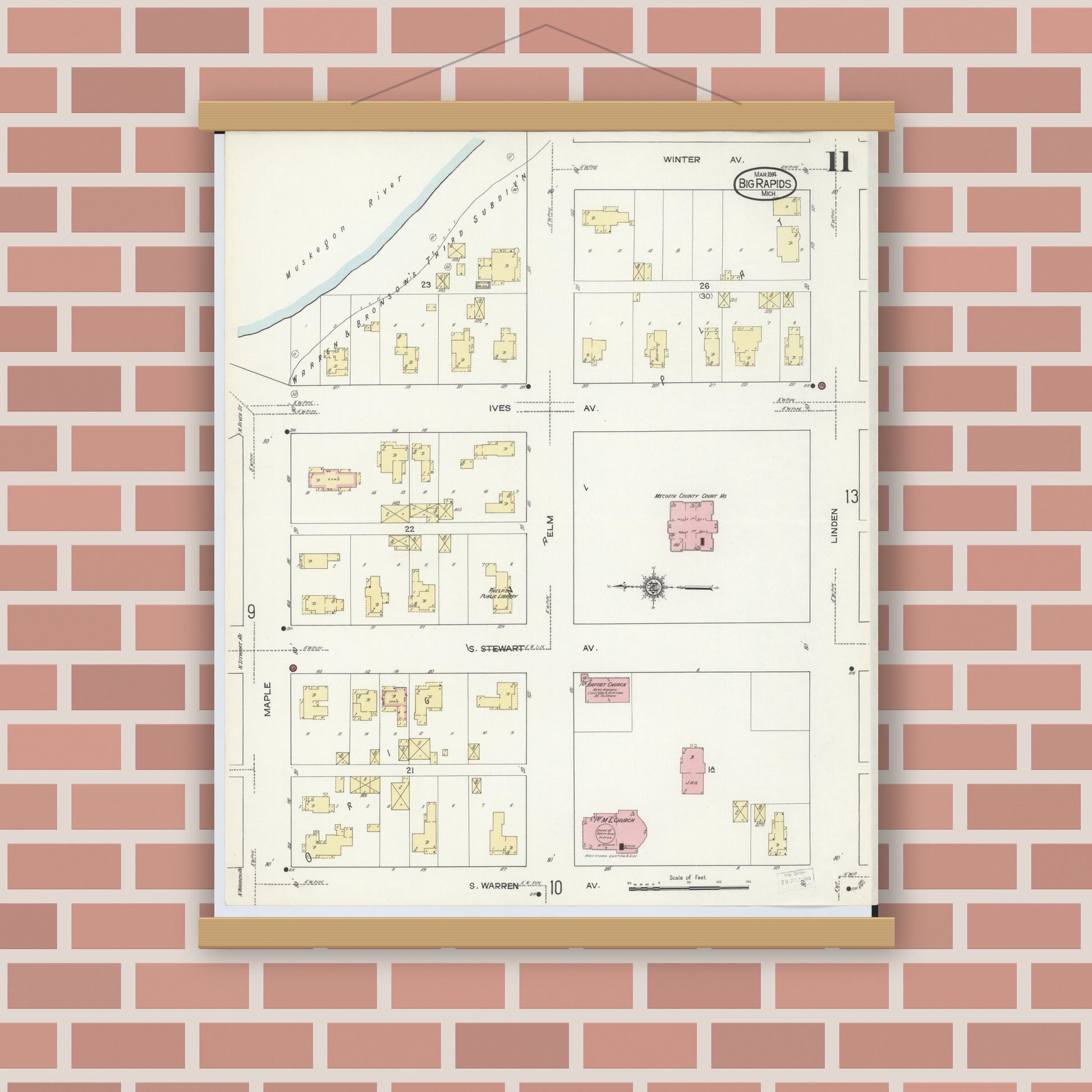 Old map wall art mockup — magnetic wood frame on brick wall — Sanborn Fire Insurance Map from Big Rapids, Mecosta County, Michigan (1914), Sheet #0011