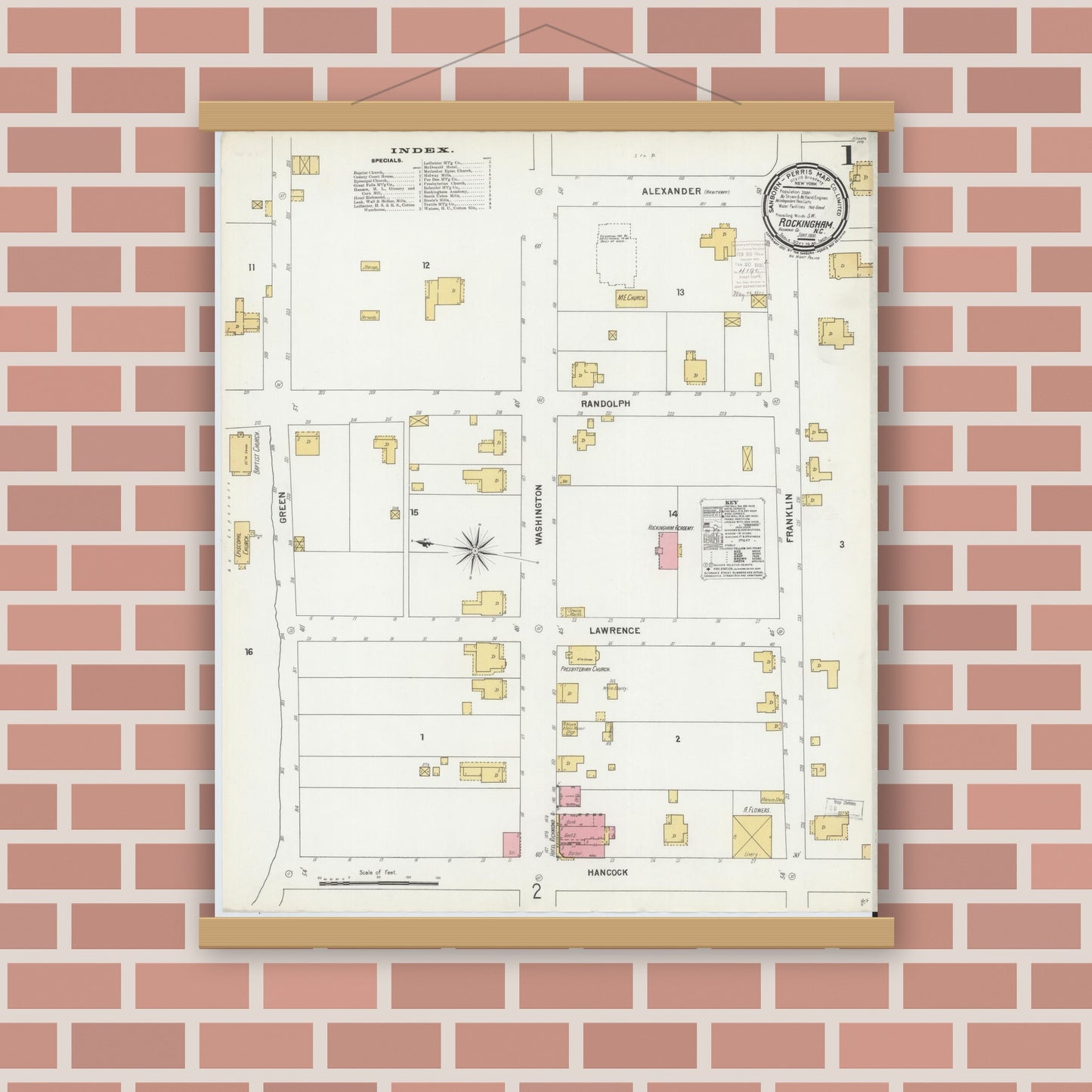 Old map wall art mockup — magnetic wood frame on brick wall — Sanborn Fire Insurance Map from Rockingham, Richmond County, North Carolina (1900) - Complete Map Set