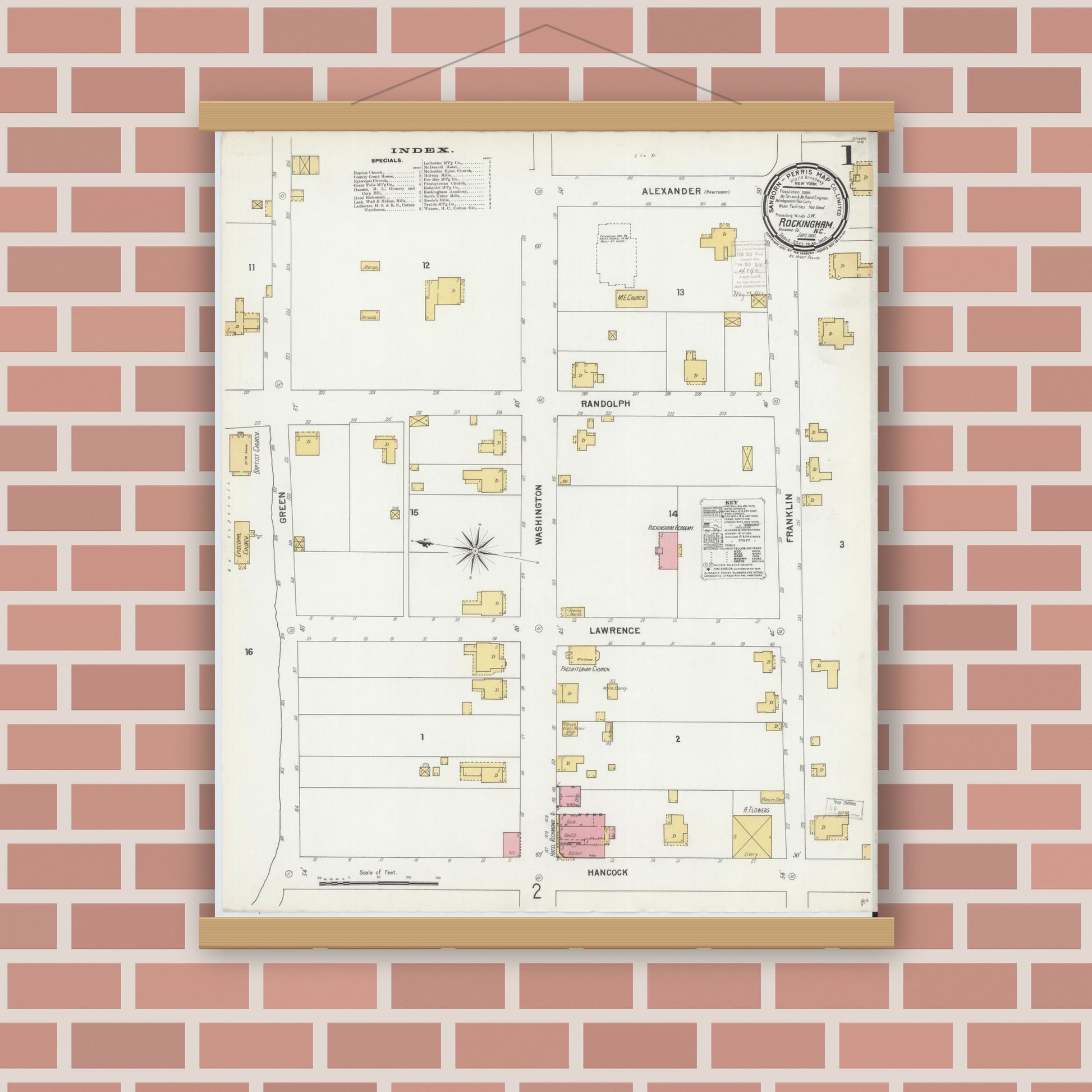 Old map wall art mockup — magnetic wood frame on brick wall — Sanborn Fire Insurance Map from Rockingham, Richmond County, North Carolina (1900) - Complete Map Set