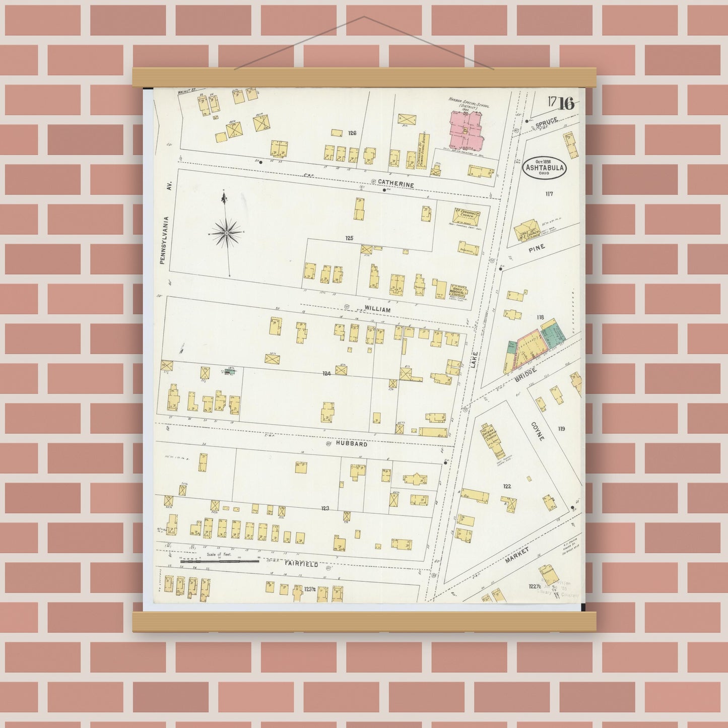 Old map wall art mockup — magnetic wood frame on brick wall — Sanborn Fire Insurance Map from Ashtabula, Ashtabula County, Ohio (1898), Sheet #0016