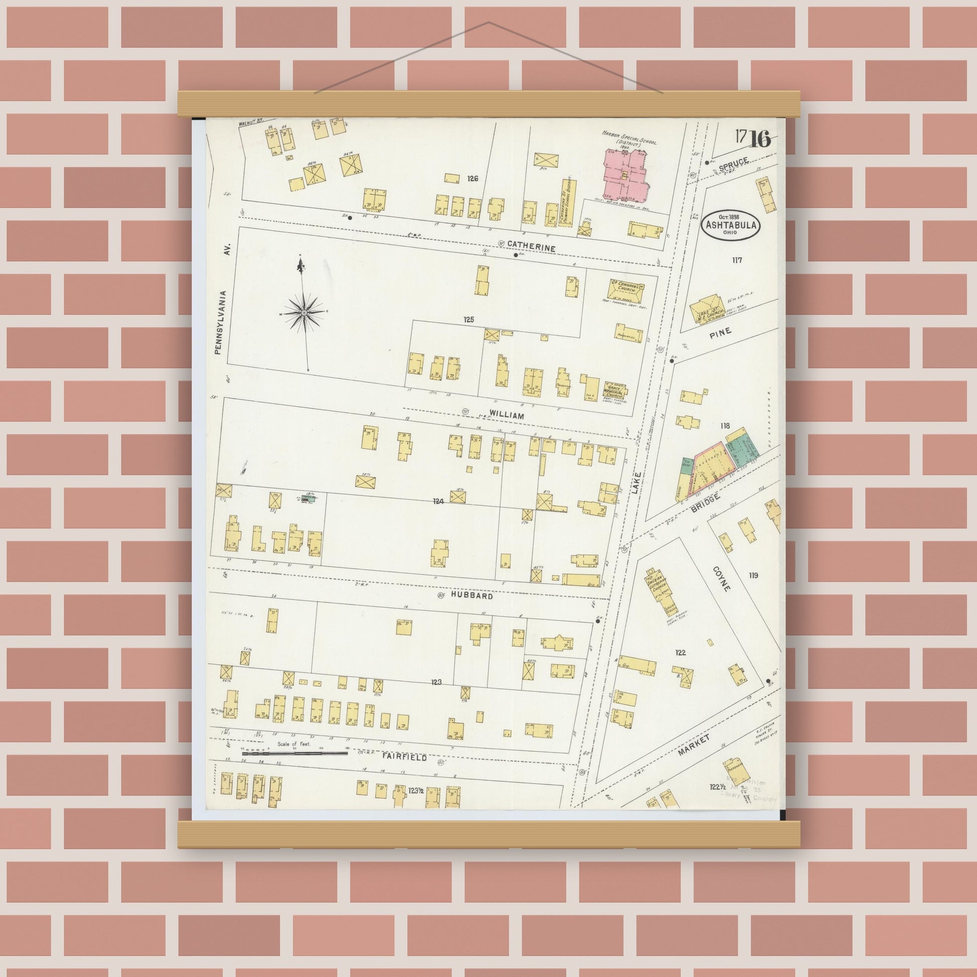 Old map wall art mockup — magnetic wood frame on brick wall — Sanborn Fire Insurance Map from Ashtabula, Ashtabula County, Ohio (1898), Sheet #0016