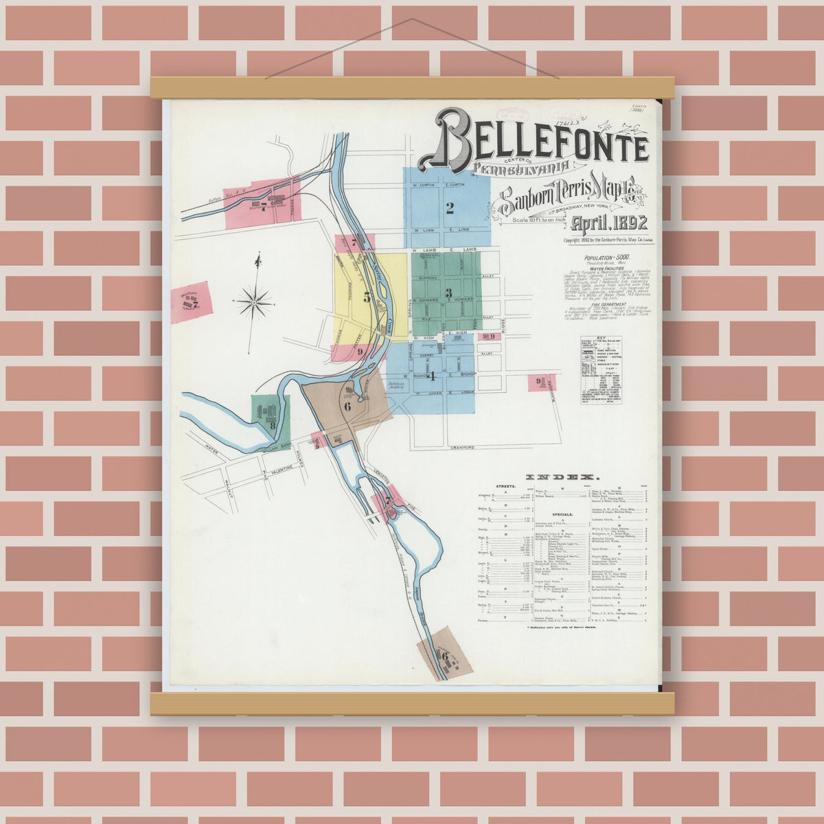 Old map wall art mockup — magnetic wood frame on brick wall — Sanborn Fire Insurance Map from Bellefonte, Centre County, Pennsylvania (1892) - Complete Map Set