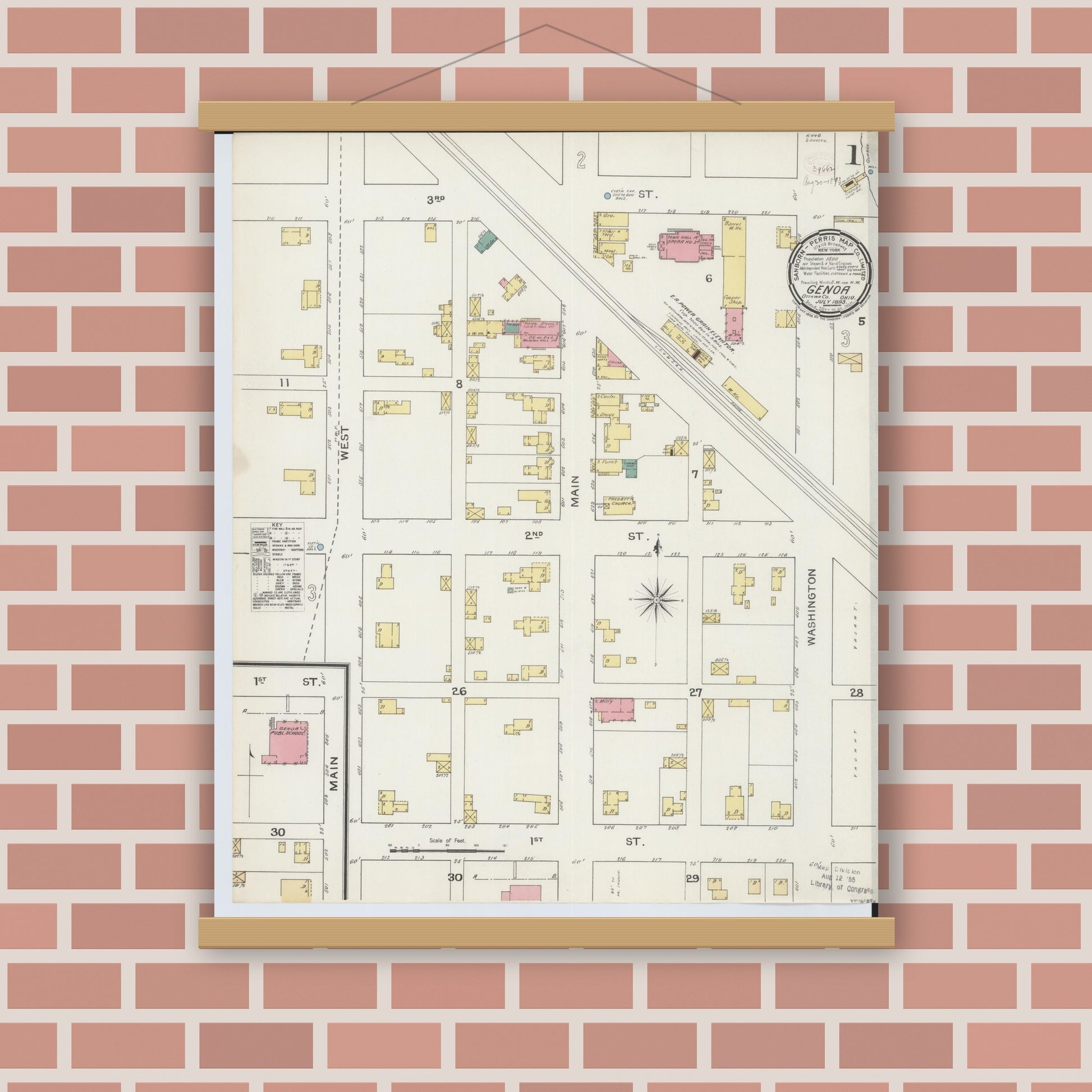 Old map wall art mockup — magnetic wood frame on brick wall — Sanborn Fire Insurance Map from Genoa, Ottawa County, Ohio (1893) - Complete Map Set