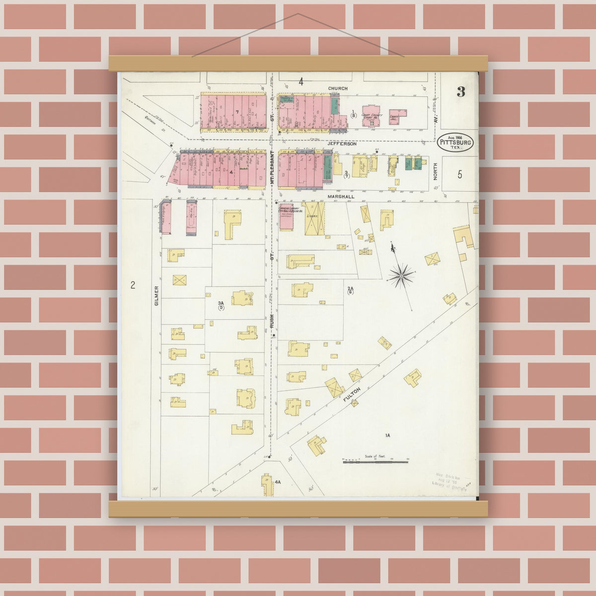 Old map wall art mockup — magnetic wood frame on brick wall — Sanborn Fire Insurance Map from Pittsburg, Camp County, Texas (1906), Sheet #0003