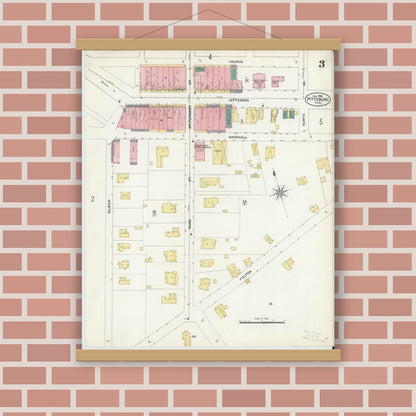 Old map wall art mockup — magnetic wood frame on brick wall — Sanborn Fire Insurance Map from Pittsburg, Camp County, Texas (1906), Sheet #0003