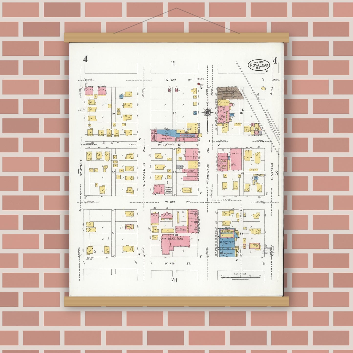 Old map wall art mockup — magnetic wood frame on brick wall — Sanborn Fire Insurance Map from Royal Oak, Oakland County, Michigan (1926), Sheet #0004