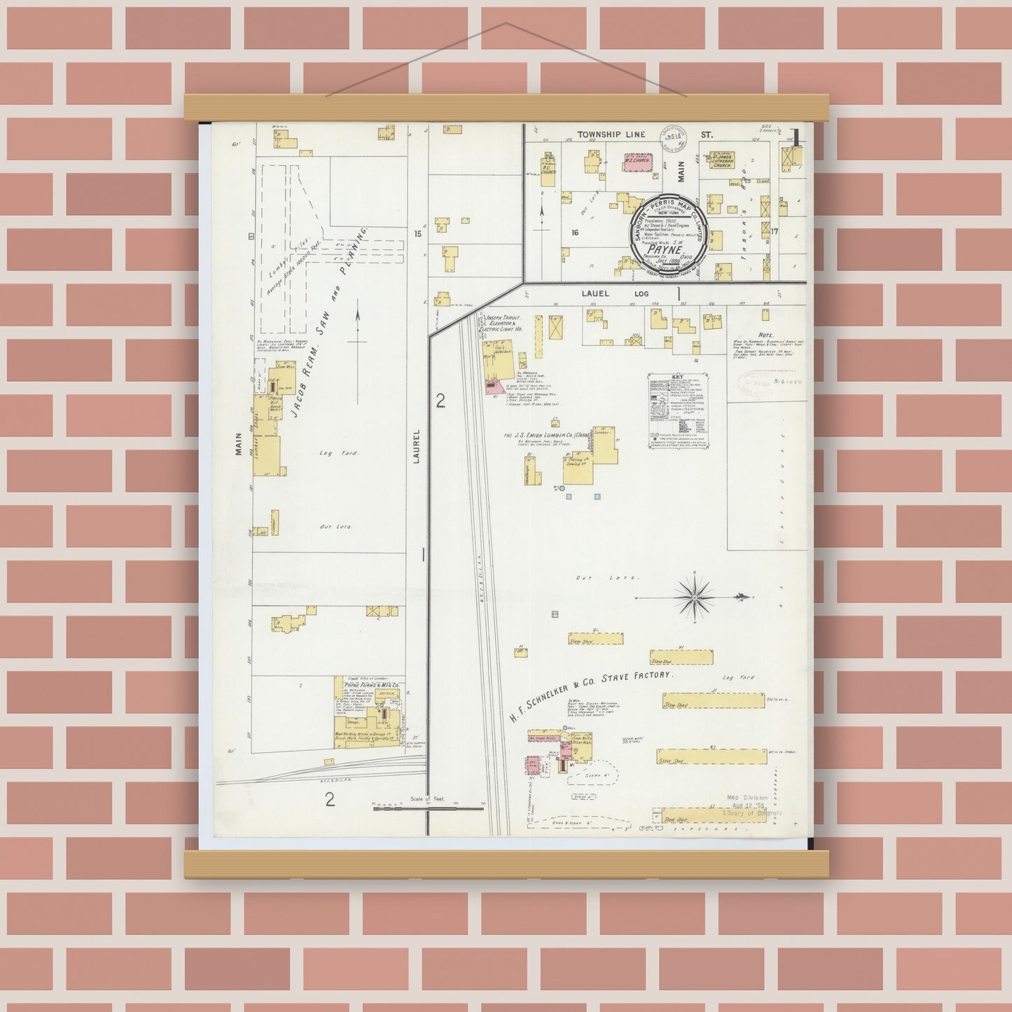 Old map wall art mockup — magnetic wood frame on brick wall — Sanborn Fire Insurance Map from Payne, Paulding County, Ohio (1899) - Complete Map Set