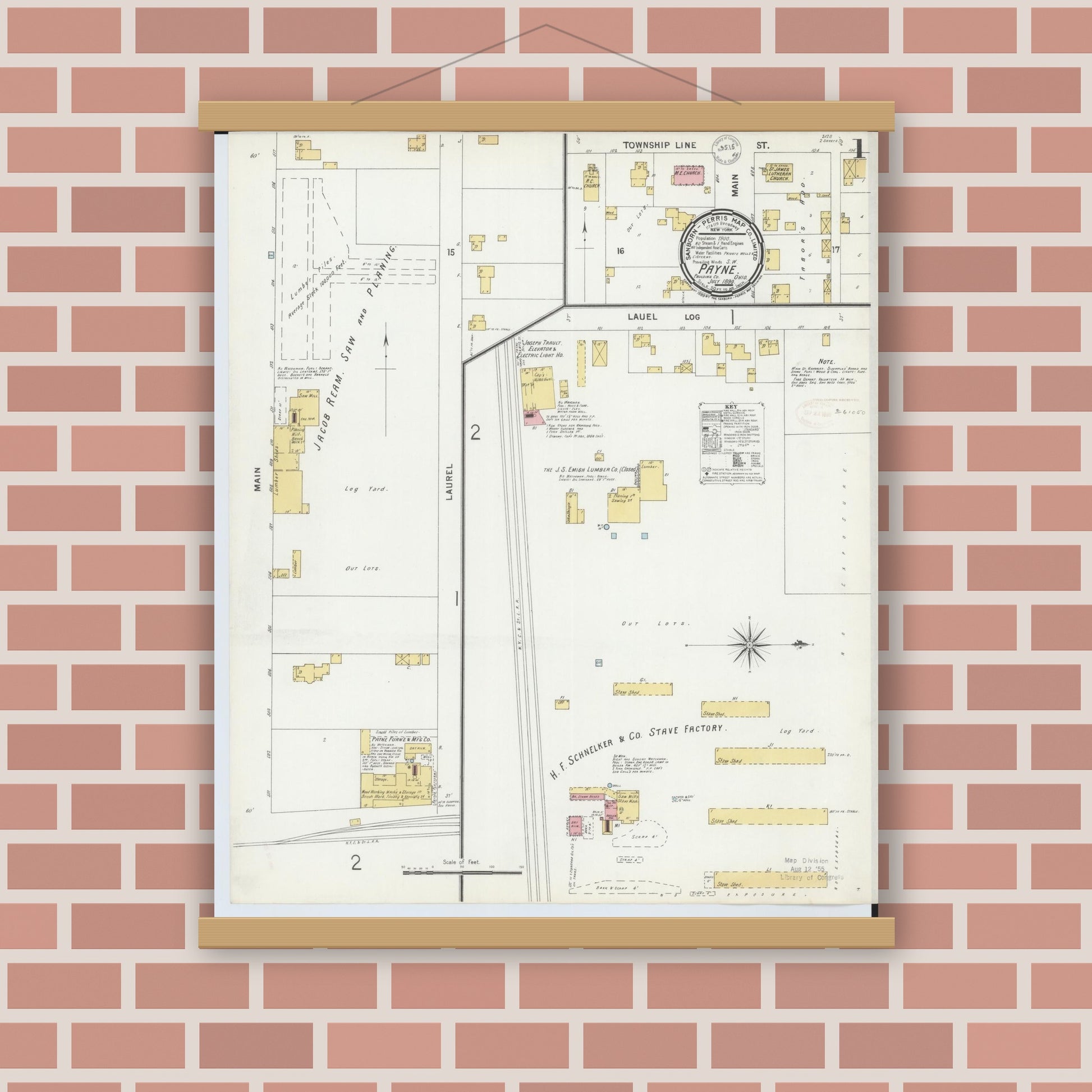 Old map wall art mockup — magnetic wood frame on brick wall — Sanborn Fire Insurance Map from Payne, Paulding County, Ohio (1899) - Complete Map Set