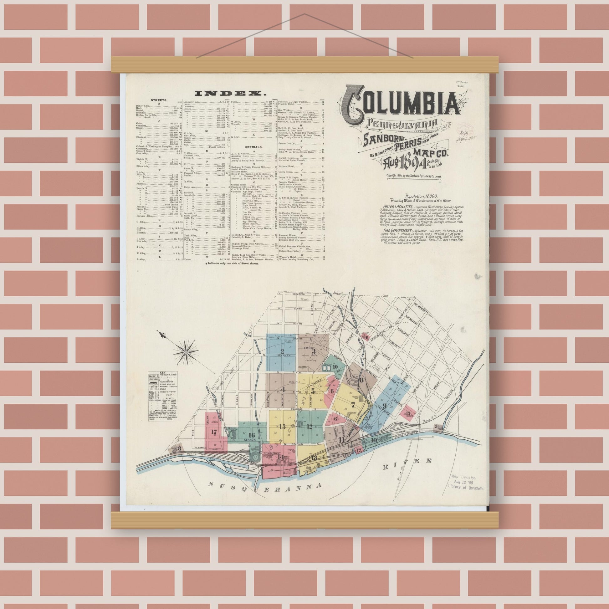 Old map wall art mockup — magnetic wood frame on brick wall — Sanborn Fire Insurance Map from Columbia, Lancaster County, Pennsylvania (1894) - Complete Map Set