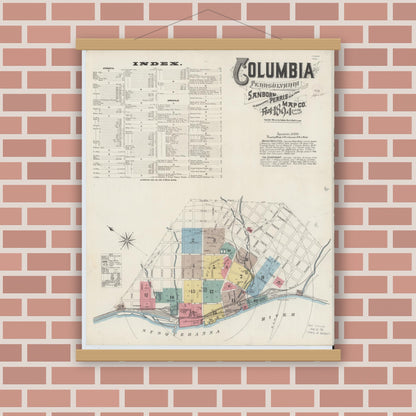 Old map wall art mockup — magnetic wood frame on brick wall — Sanborn Fire Insurance Map from Columbia, Lancaster County, Pennsylvania (1894) - Complete Map Set
