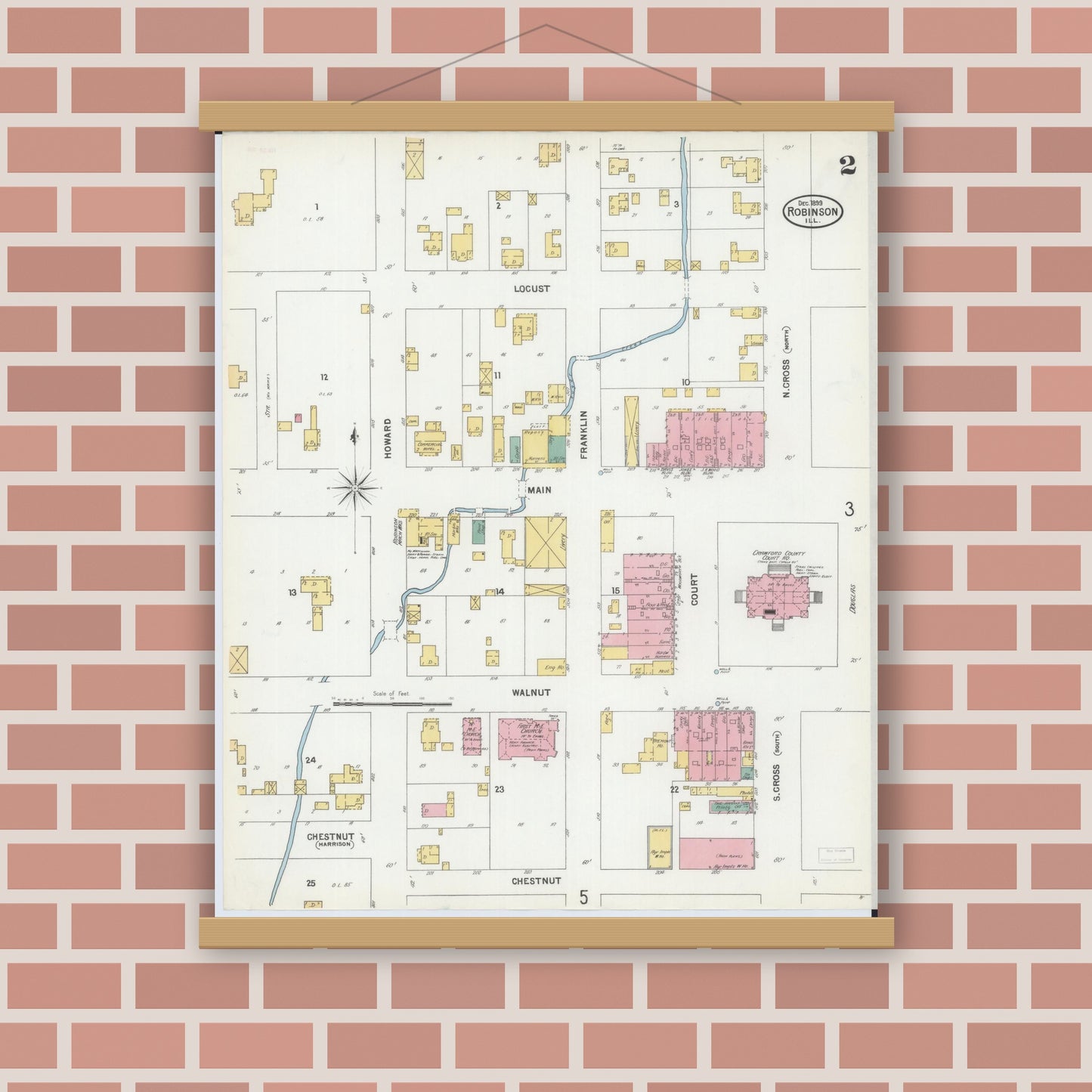 Old map wall art mockup — magnetic wood frame on brick wall — Sanborn Fire Insurance Map from Robinson, Crawford County, Illinois (1899), Sheet #0002
