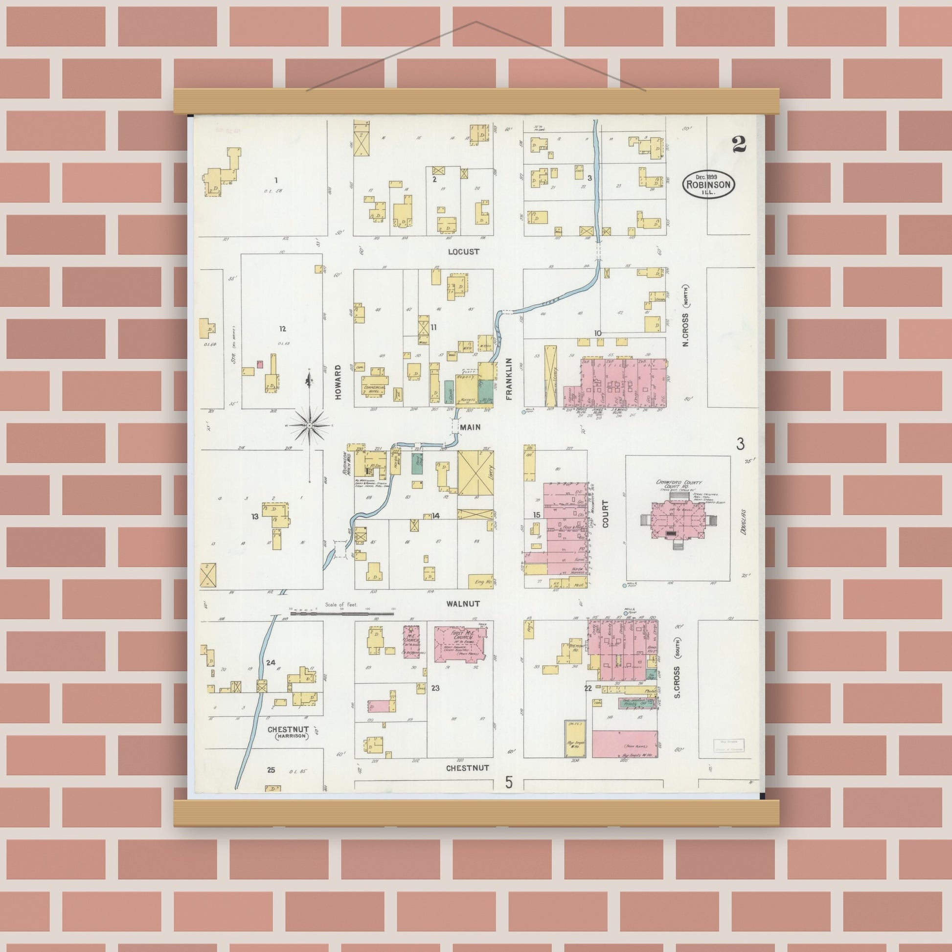 Old map wall art mockup — magnetic wood frame on brick wall — Sanborn Fire Insurance Map from Robinson, Crawford County, Illinois (1899), Sheet #0002