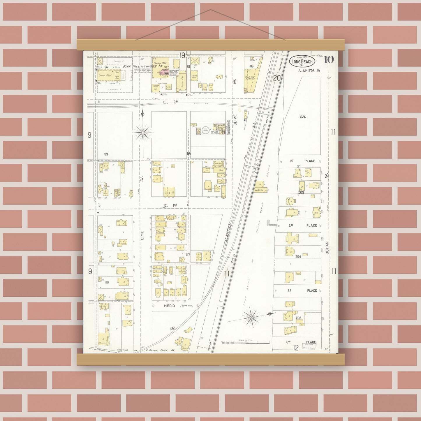 Old map wall art mockup — magnetic wood frame on brick wall — Sanborn Fire Insurance Map from Long Beach, Los Angeles County, California (1905), Sheet #0010