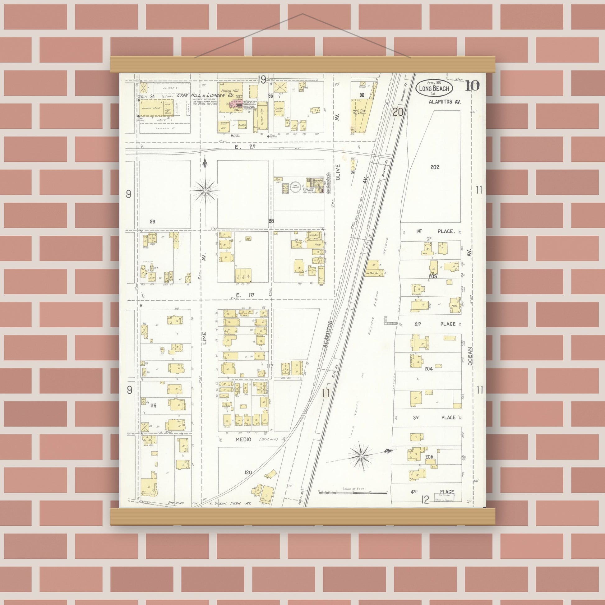 Old map wall art mockup — magnetic wood frame on brick wall — Sanborn Fire Insurance Map from Long Beach, Los Angeles County, California (1905), Sheet #0010