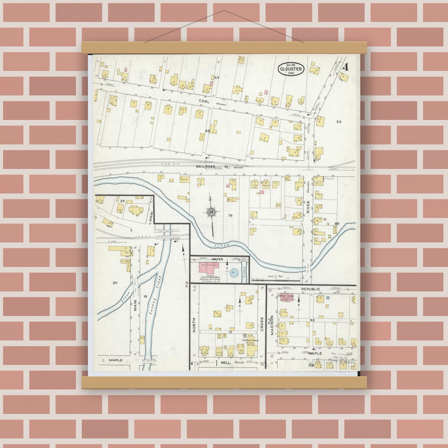 Old map wall art mockup — magnetic wood frame on brick wall — Sanborn Fire Insurance Map from Glouster, Athens County, Ohio (1912), Sheet #0004