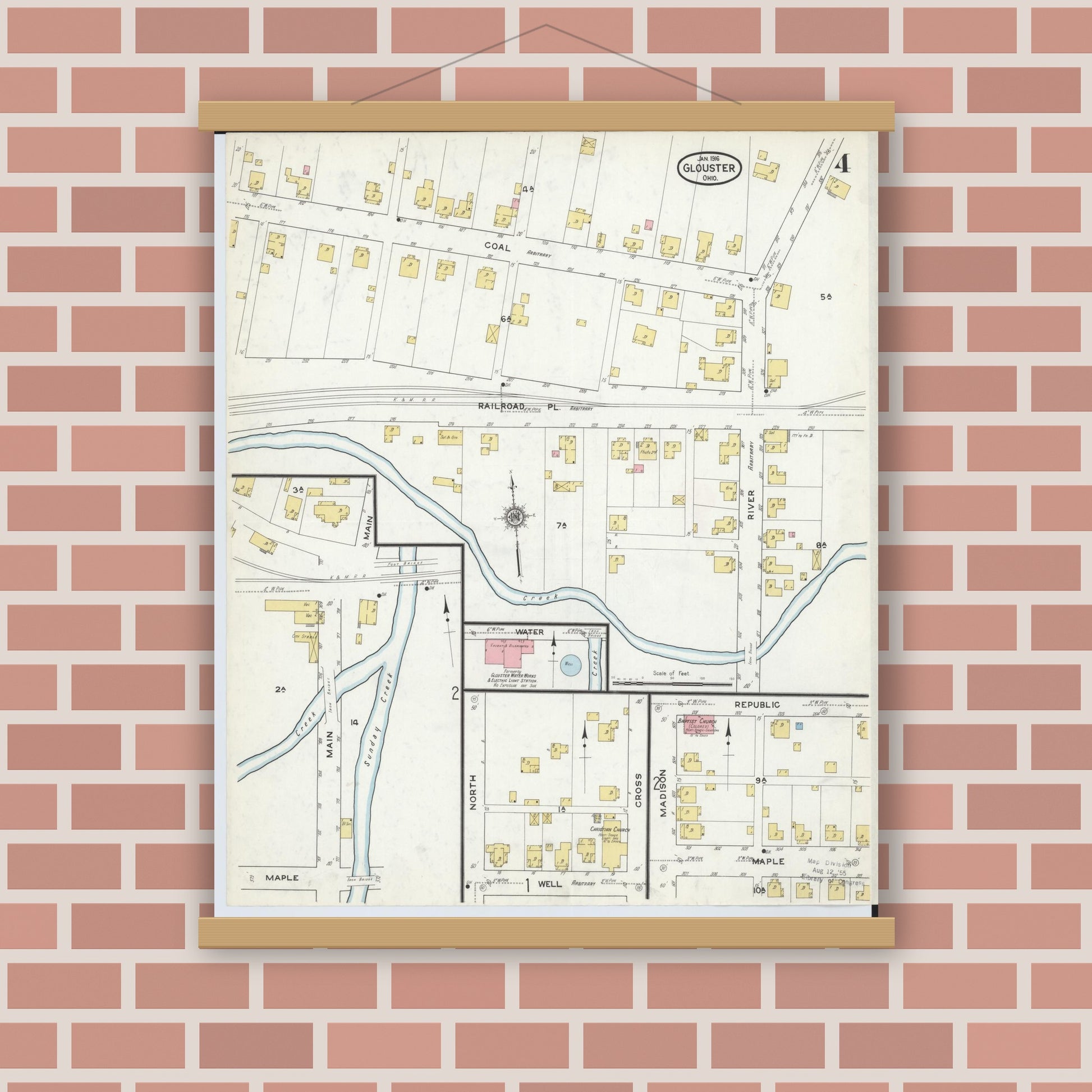 Old map wall art mockup — magnetic wood frame on brick wall — Sanborn Fire Insurance Map from Glouster, Athens County, Ohio (1912), Sheet #0004