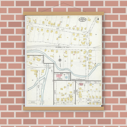 Old map wall art mockup — magnetic wood frame on brick wall — Sanborn Fire Insurance Map from Glouster, Athens County, Ohio (1912), Sheet #0004