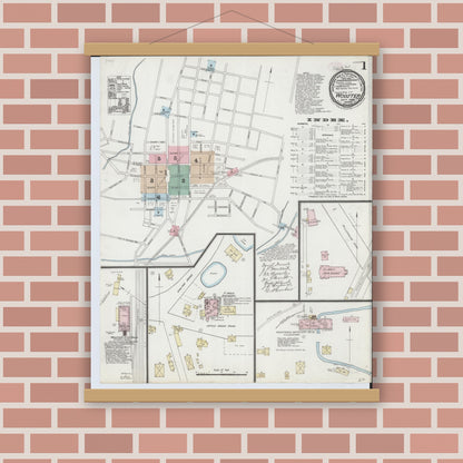 Old map wall art mockup — magnetic wood frame on brick wall — Sanborn Fire Insurance Map from Wooster, Wayne County, Ohio (1888), Sheet #0001
