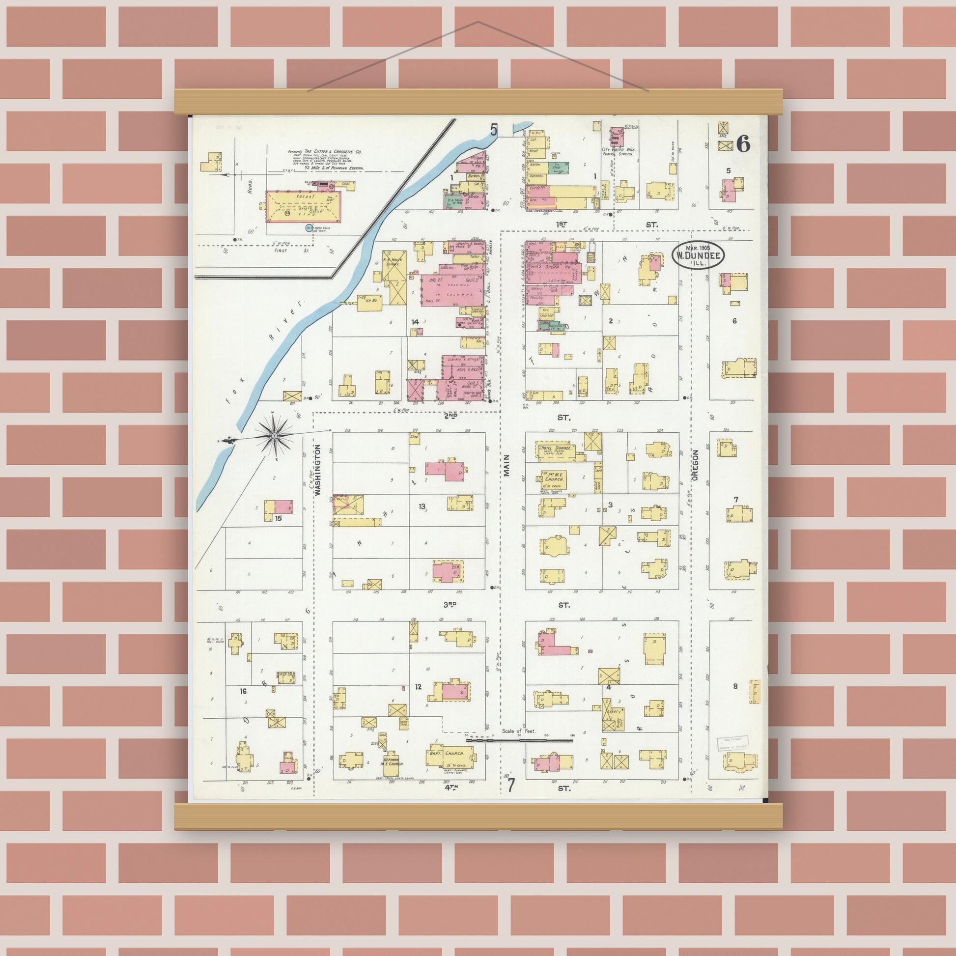 Old map wall art mockup — magnetic wood frame on brick wall — Sanborn Fire Insurance Map from Dundee, Kane County, Illinois (1905), Sheet #0006