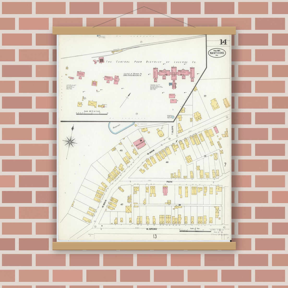 Old map wall art mockup — magnetic wood frame on brick wall — Sanborn Fire Insurance Map from Nanticoke, Luzerne County, Pennsylvania (1903), Sheet #0014