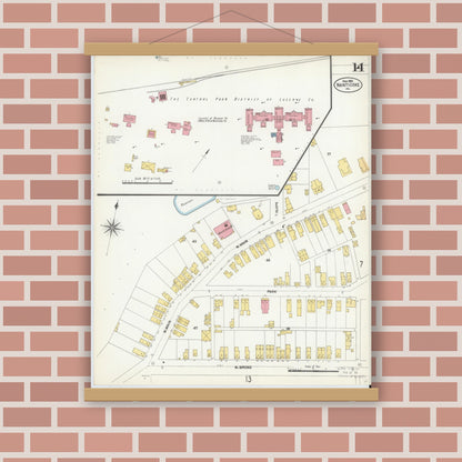 Old map wall art mockup — magnetic wood frame on brick wall — Sanborn Fire Insurance Map from Nanticoke, Luzerne County, Pennsylvania (1903), Sheet #0014