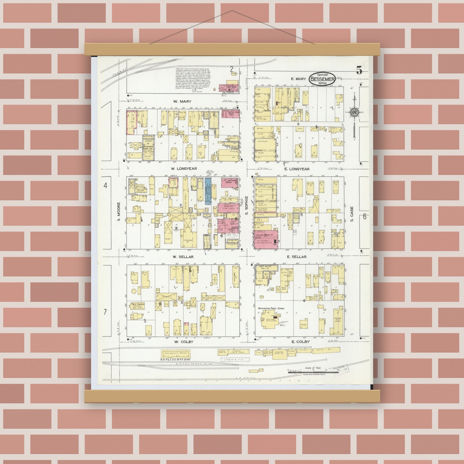 Old map wall art mockup — magnetic wood frame on brick wall — Sanborn Fire Insurance Map from Bessemer, Gogebic County, Michigan (1917), Sheet #0005