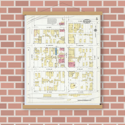 Old map wall art mockup — magnetic wood frame on brick wall — Sanborn Fire Insurance Map from Bessemer, Gogebic County, Michigan (1917), Sheet #0005