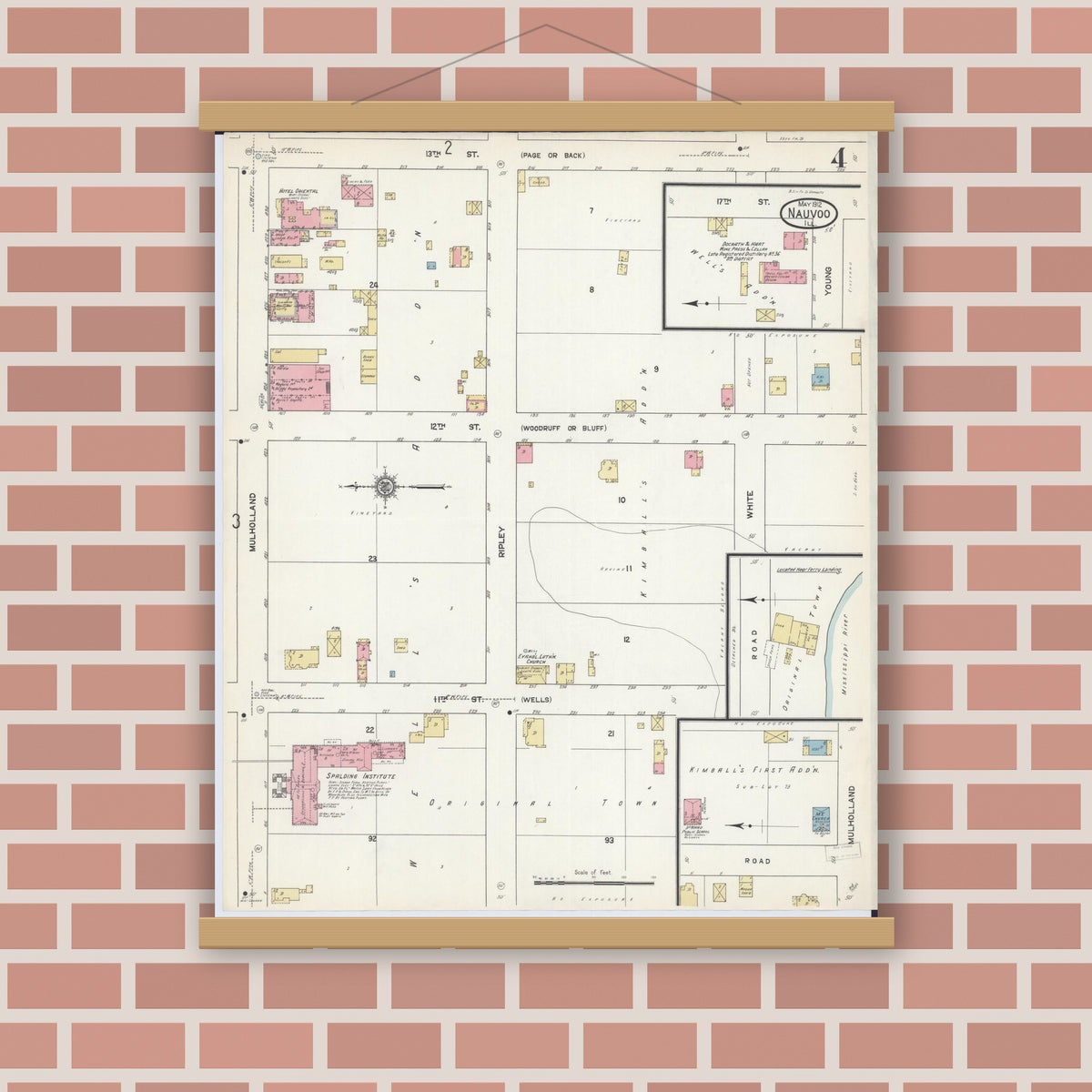 Old map wall art mockup — magnetic wood frame on brick wall — Sanborn Fire Insurance Map from Nauvoo, Hancock County, Illinois (1912), Sheet #0004