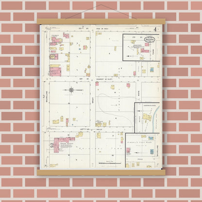 Old map wall art mockup — magnetic wood frame on brick wall — Sanborn Fire Insurance Map from Nauvoo, Hancock County, Illinois (1912), Sheet #0004