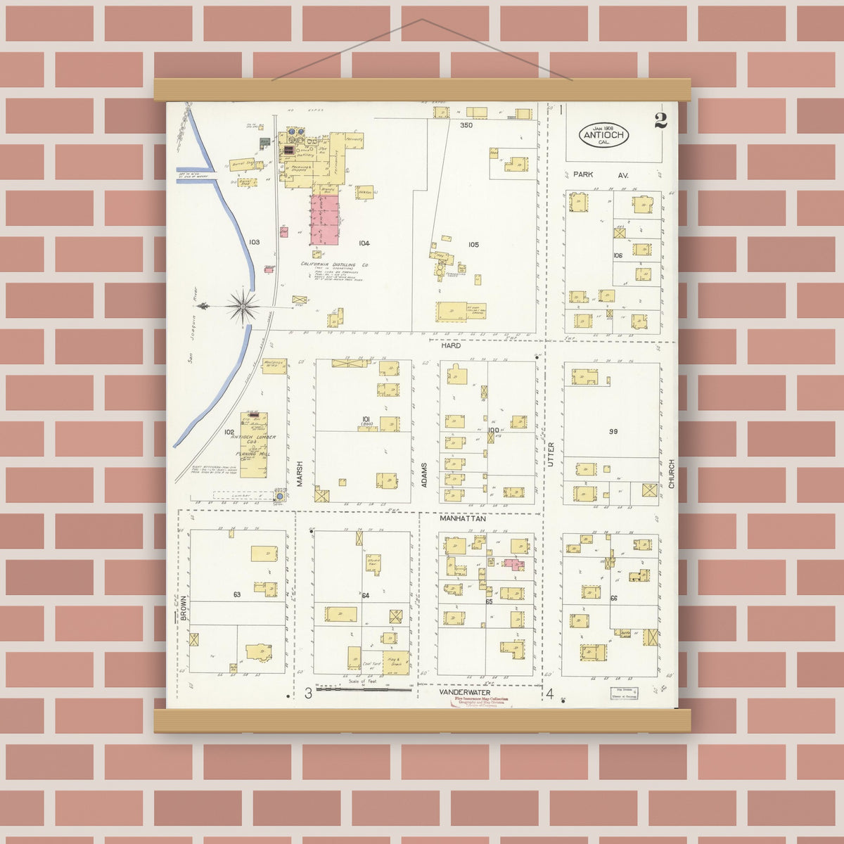 Old map wall art mockup — magnetic wood frame on brick wall — Sanborn Fire Insurance Map from Antioch, Contra Costa County, California (1908), Sheet #0002