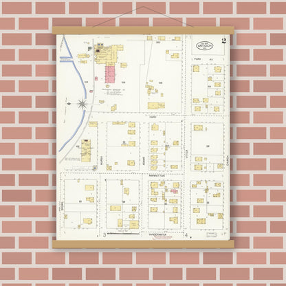 Old map wall art mockup — magnetic wood frame on brick wall — Sanborn Fire Insurance Map from Antioch, Contra Costa County, California (1908), Sheet #0002