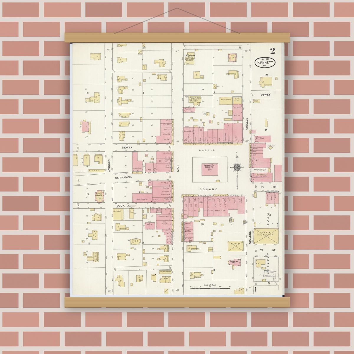 Old map wall art mockup — magnetic wood frame on brick wall — Sanborn Fire Insurance Map from Kennett, Dunklin County, Missouri (1911), Sheet #0002