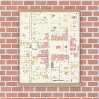 Old map wall art mockup — magnetic wood frame on brick wall — Sanborn Fire Insurance Map from Kennett, Dunklin County, Missouri (1911), Sheet #0002