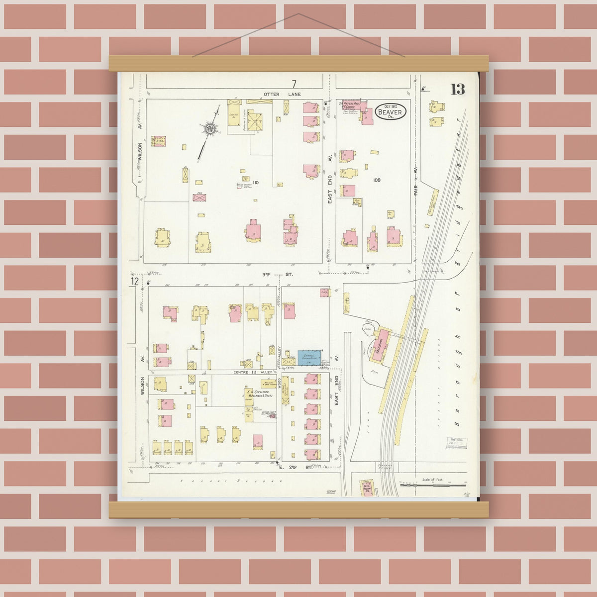 Old map wall art mockup — magnetic wood frame on brick wall — Sanborn Fire Insurance Map from Beaver, Beaver County, Pennsylvania (1912), Sheet #0013