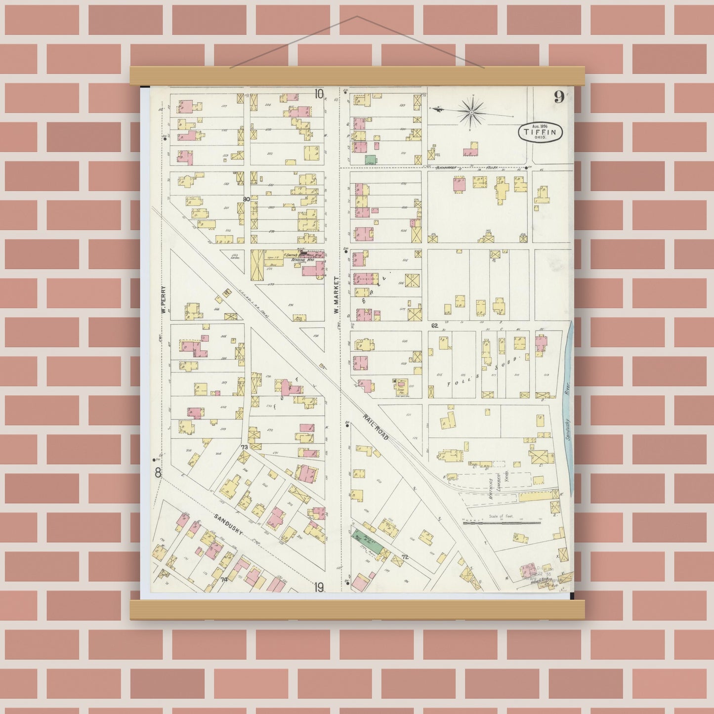 Old map wall art mockup — magnetic wood frame on brick wall — Sanborn Fire Insurance Map from Tiffin, Seneca County, Ohio (1896), Sheet #0009