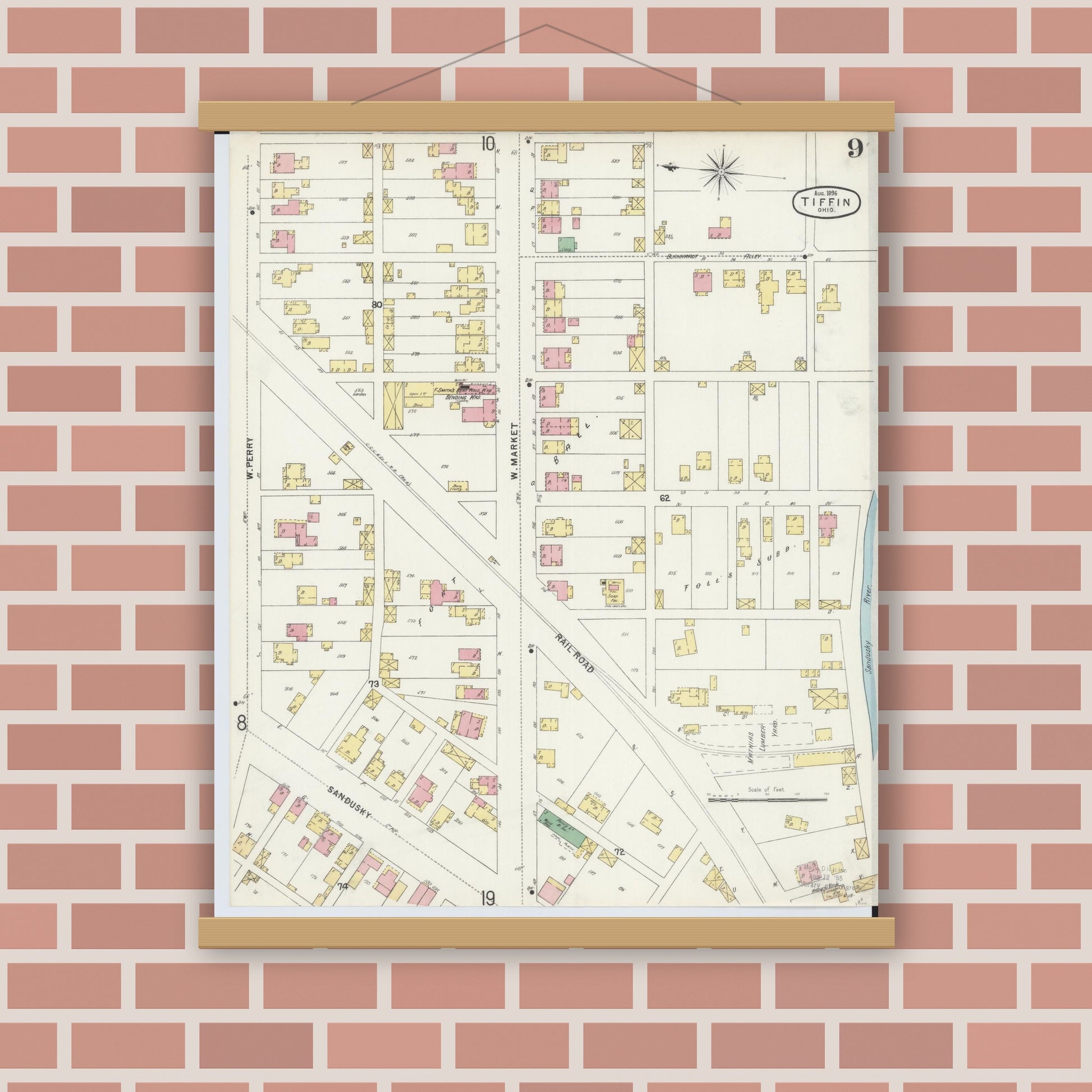 Old map wall art mockup — magnetic wood frame on brick wall — Sanborn Fire Insurance Map from Tiffin, Seneca County, Ohio (1896), Sheet #0009