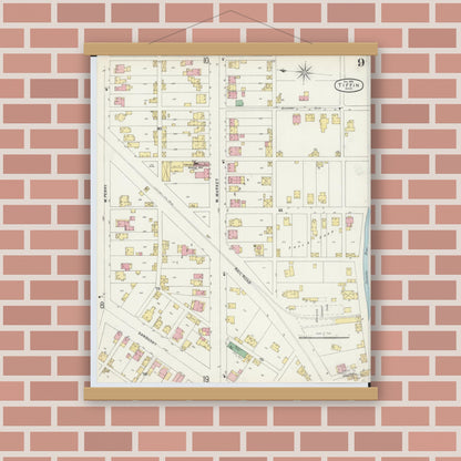 Old map wall art mockup — magnetic wood frame on brick wall — Sanborn Fire Insurance Map from Tiffin, Seneca County, Ohio (1896), Sheet #0009