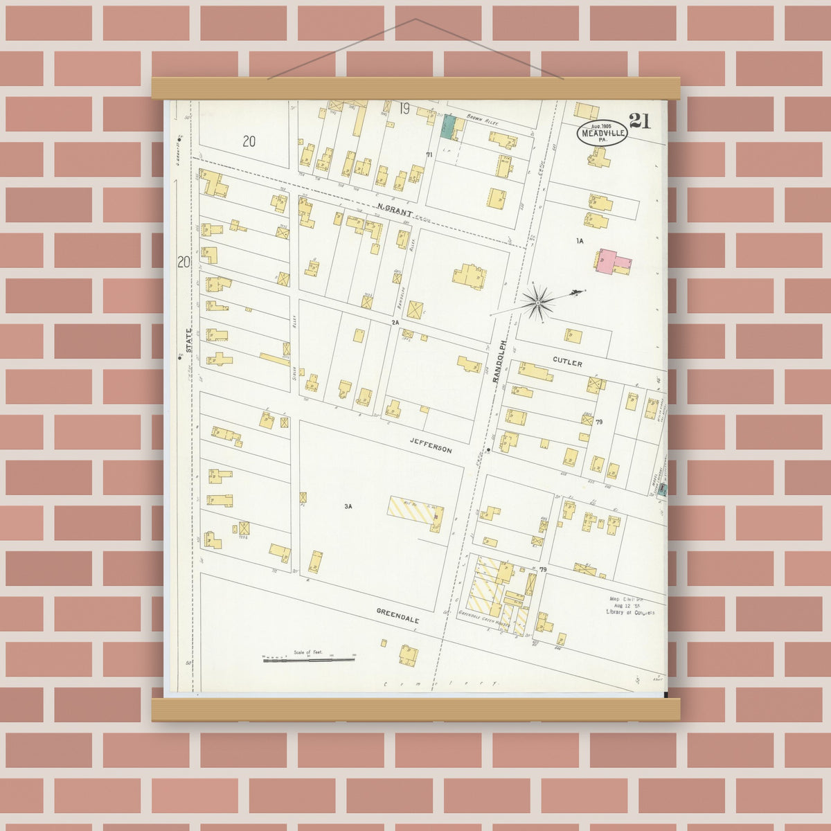 Old map wall art mockup — magnetic wood frame on brick wall — Sanborn Fire Insurance Map from Meadville, Crawford County, Pennsylvania (1905), Sheet #0021