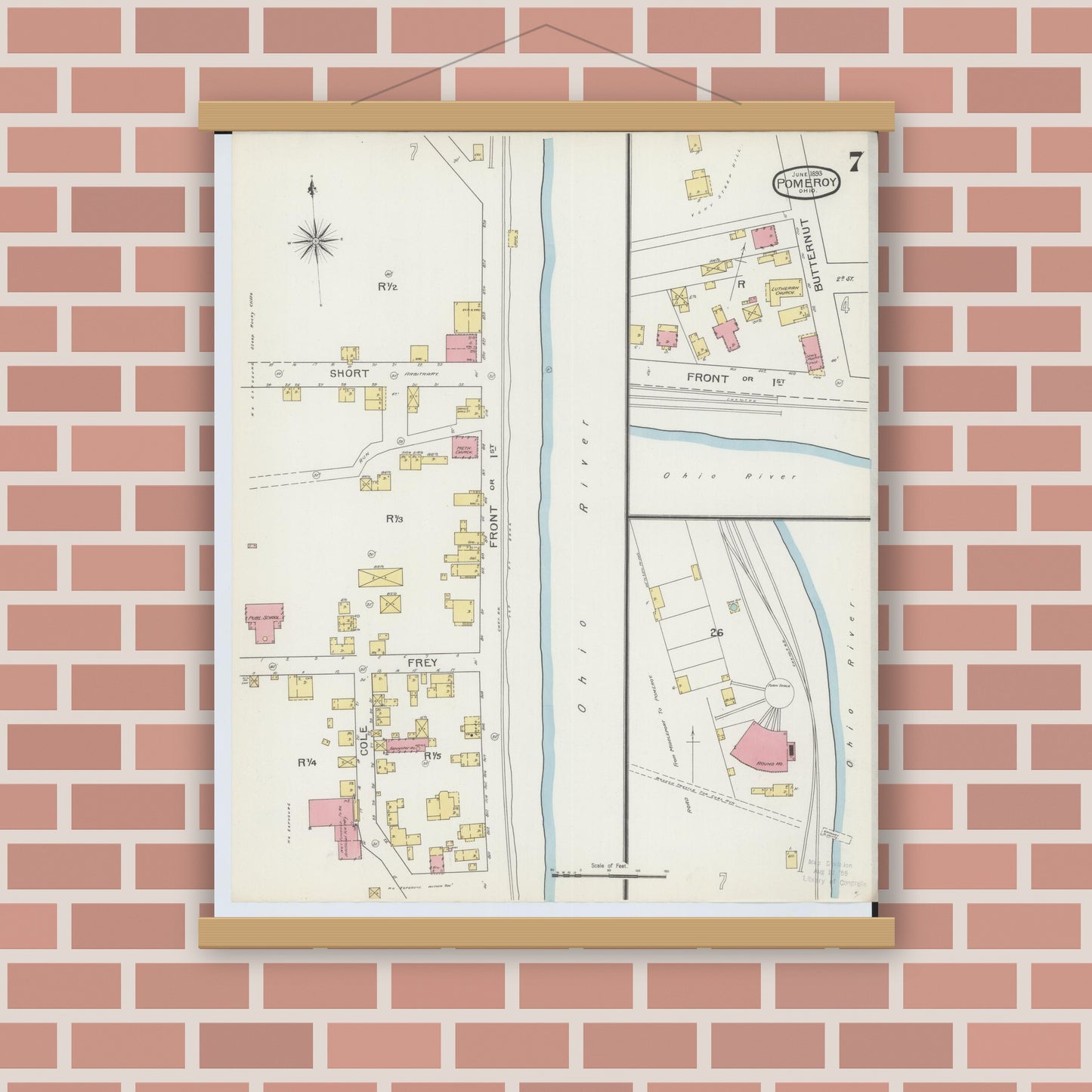 Old map wall art mockup — magnetic wood frame on brick wall — Sanborn Fire Insurance Map from Pomeroy, Meigs County, Ohio (1893), Sheet #0007