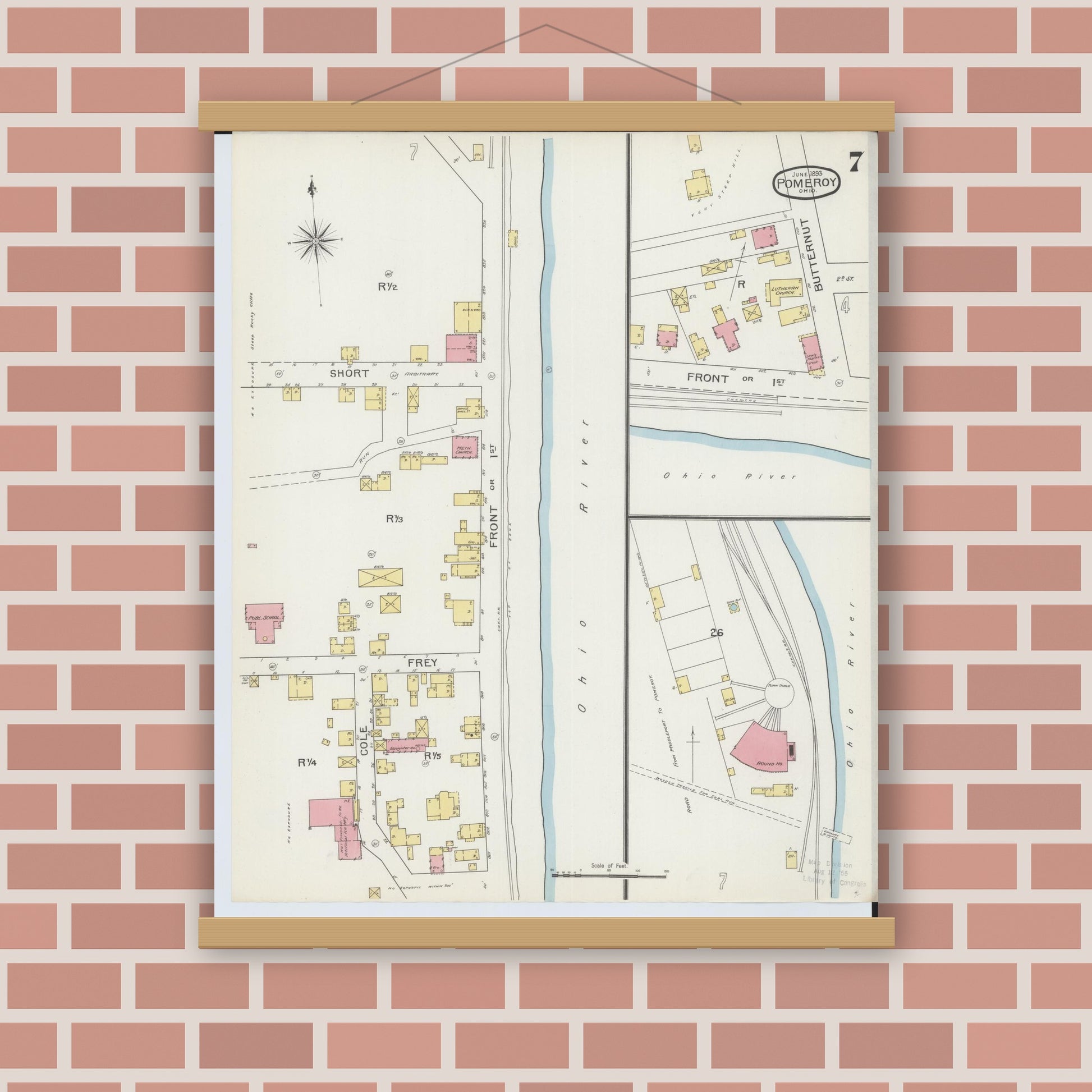 Old map wall art mockup — magnetic wood frame on brick wall — Sanborn Fire Insurance Map from Pomeroy, Meigs County, Ohio (1893), Sheet #0007