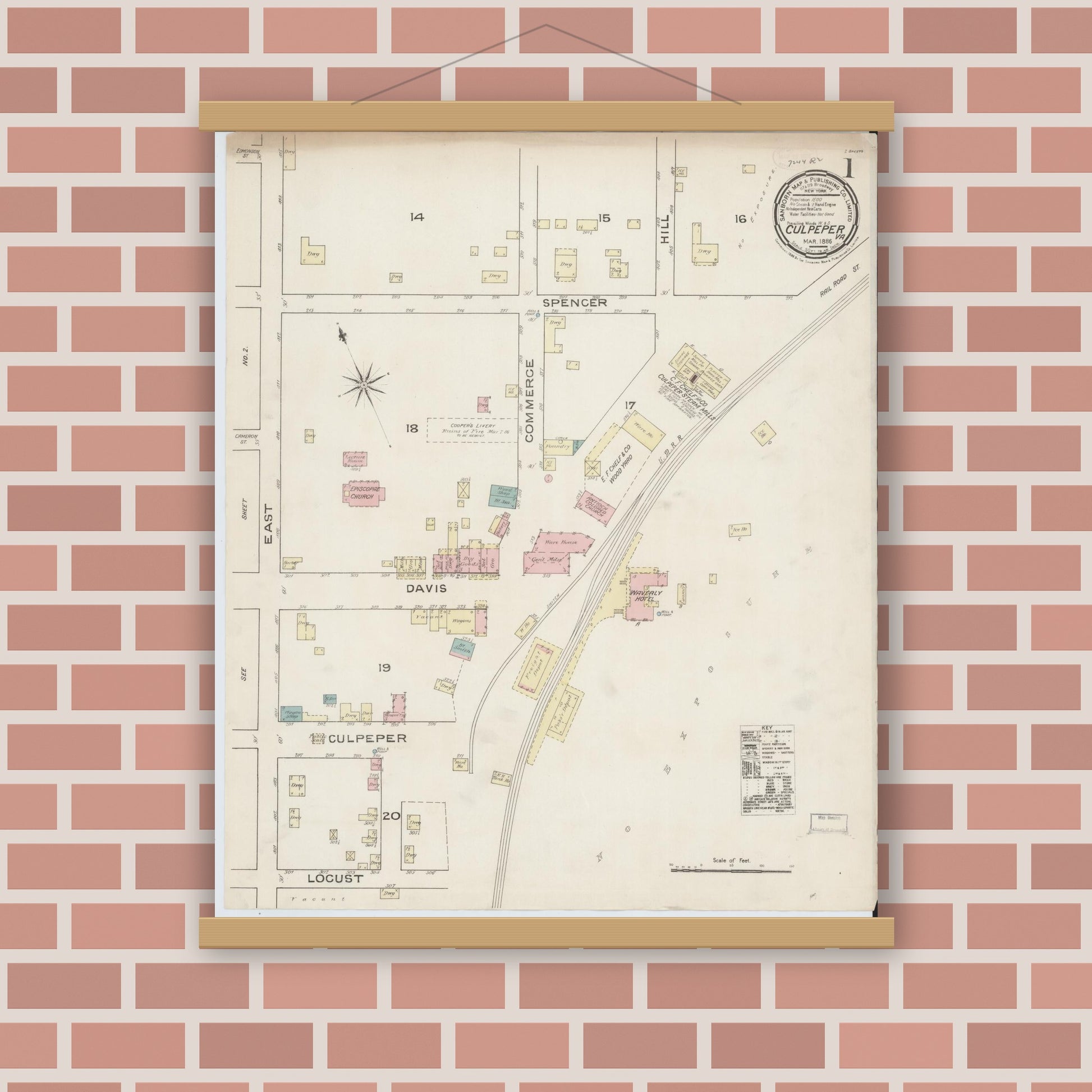 Old map wall art mockup — magnetic wood frame on brick wall — Sanborn Fire Insurance Map from Culpeper, Culpeper County, Virginia (1886) - Complete Map Set